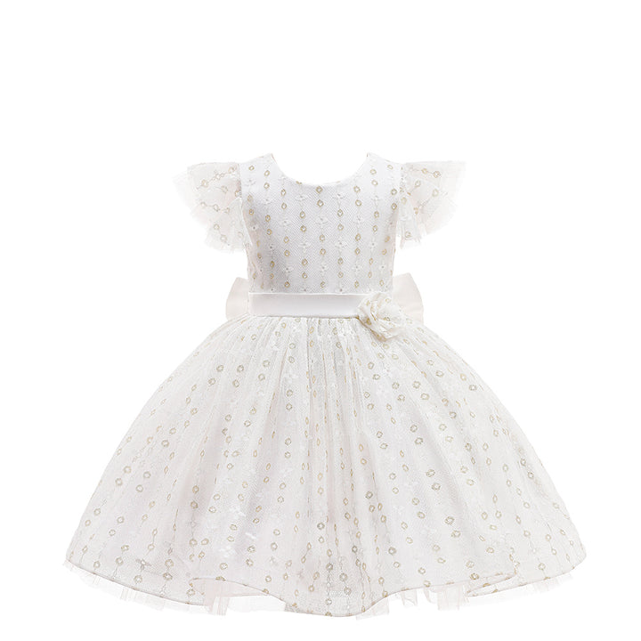 White & Beige Girls Geometric Self Design Flutter Sleeves Fit & Flare Dress