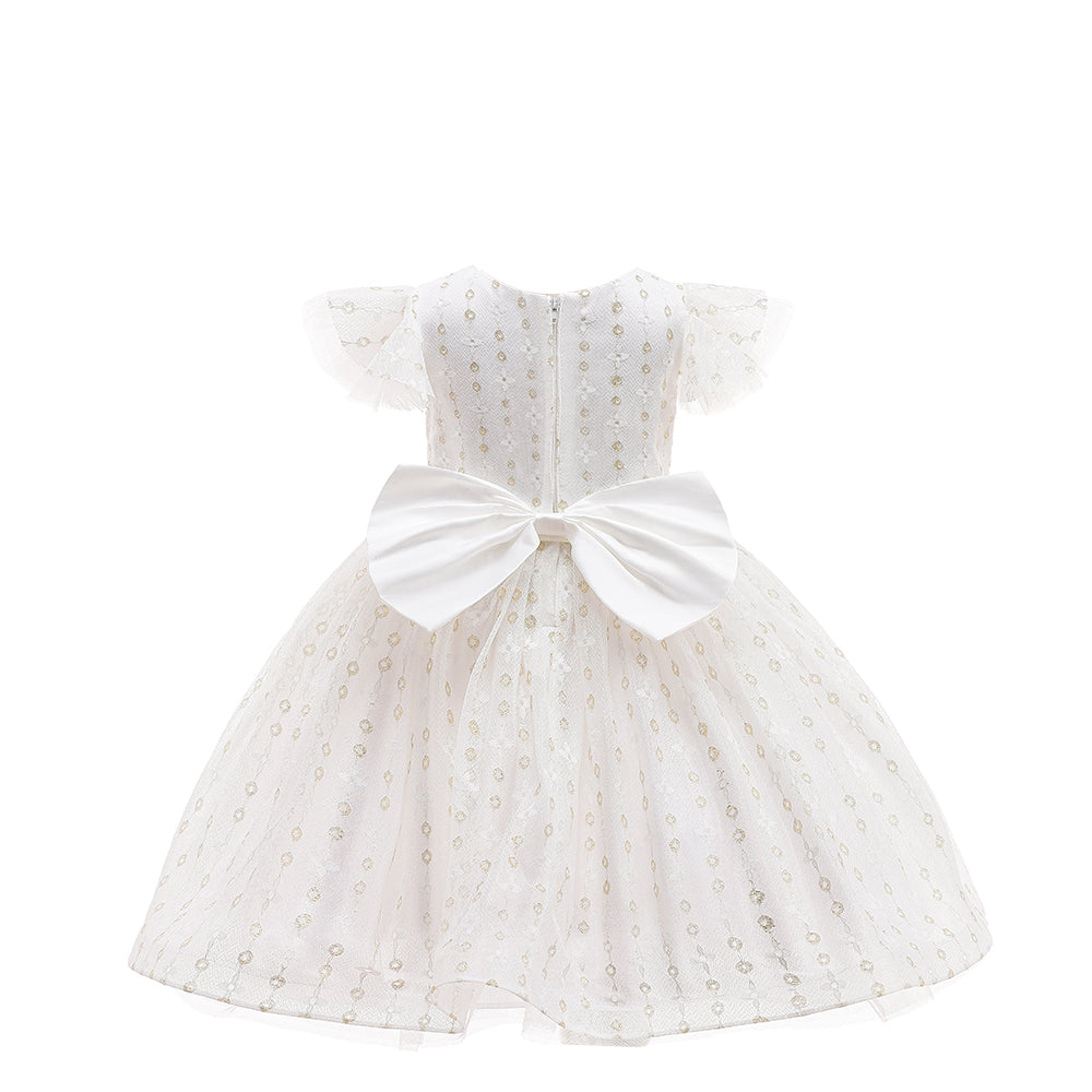 White & Beige Girls Geometric Self Design Flutter Sleeves Fit & Flare Dress