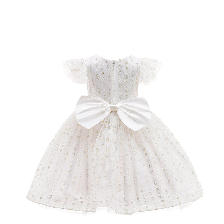 White & Beige Girls Geometric Self Design Flutter Sleeves Fit & Flare Dress
