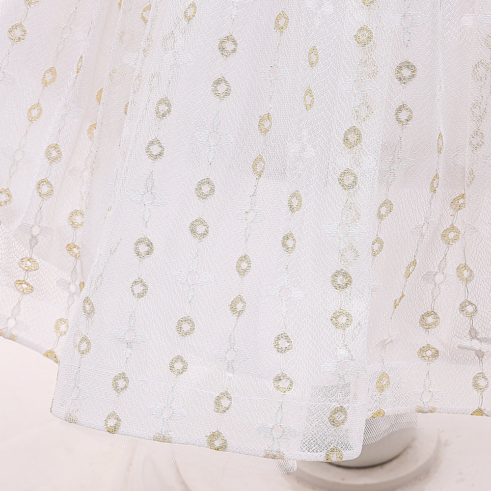 White & Beige Girls Geometric Self Design Flutter Sleeves Fit & Flare Dress