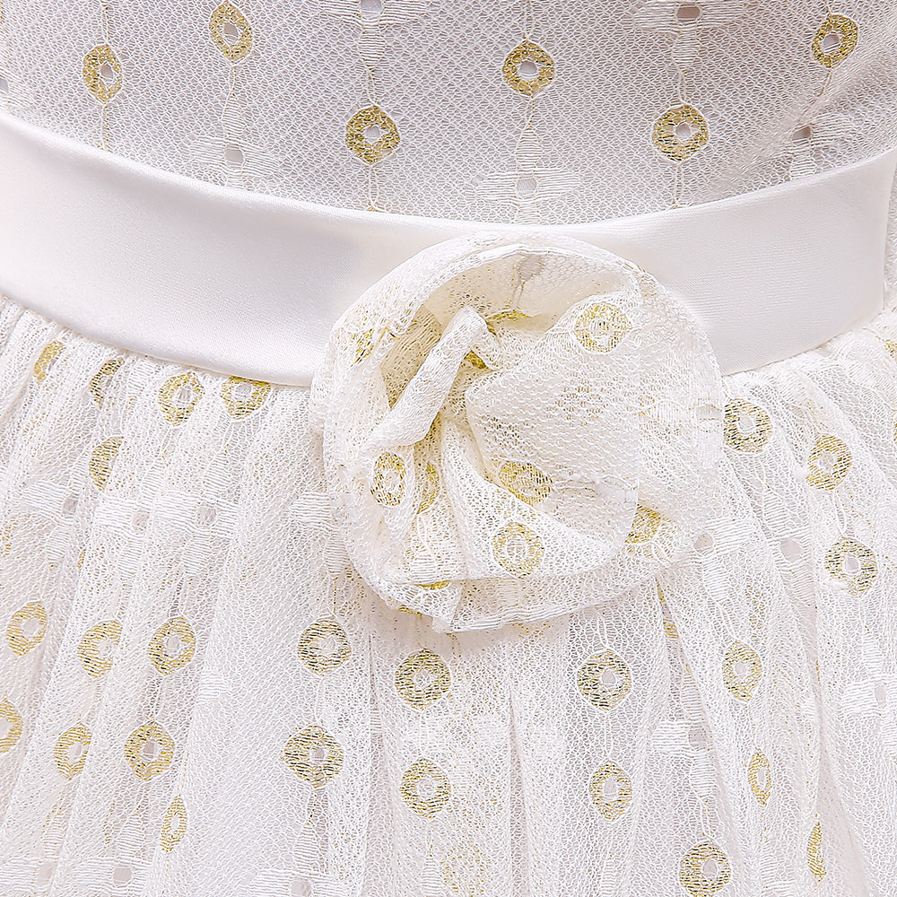 White & Beige Girls Geometric Self Design Flutter Sleeves Fit & Flare Dress