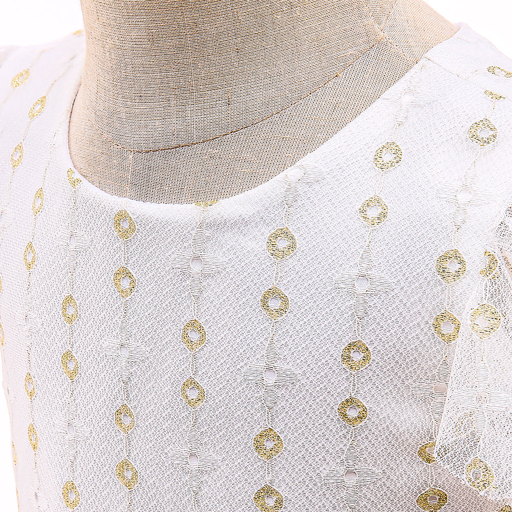 White & Beige Girls Geometric Self Design Flutter Sleeves Fit & Flare Dress