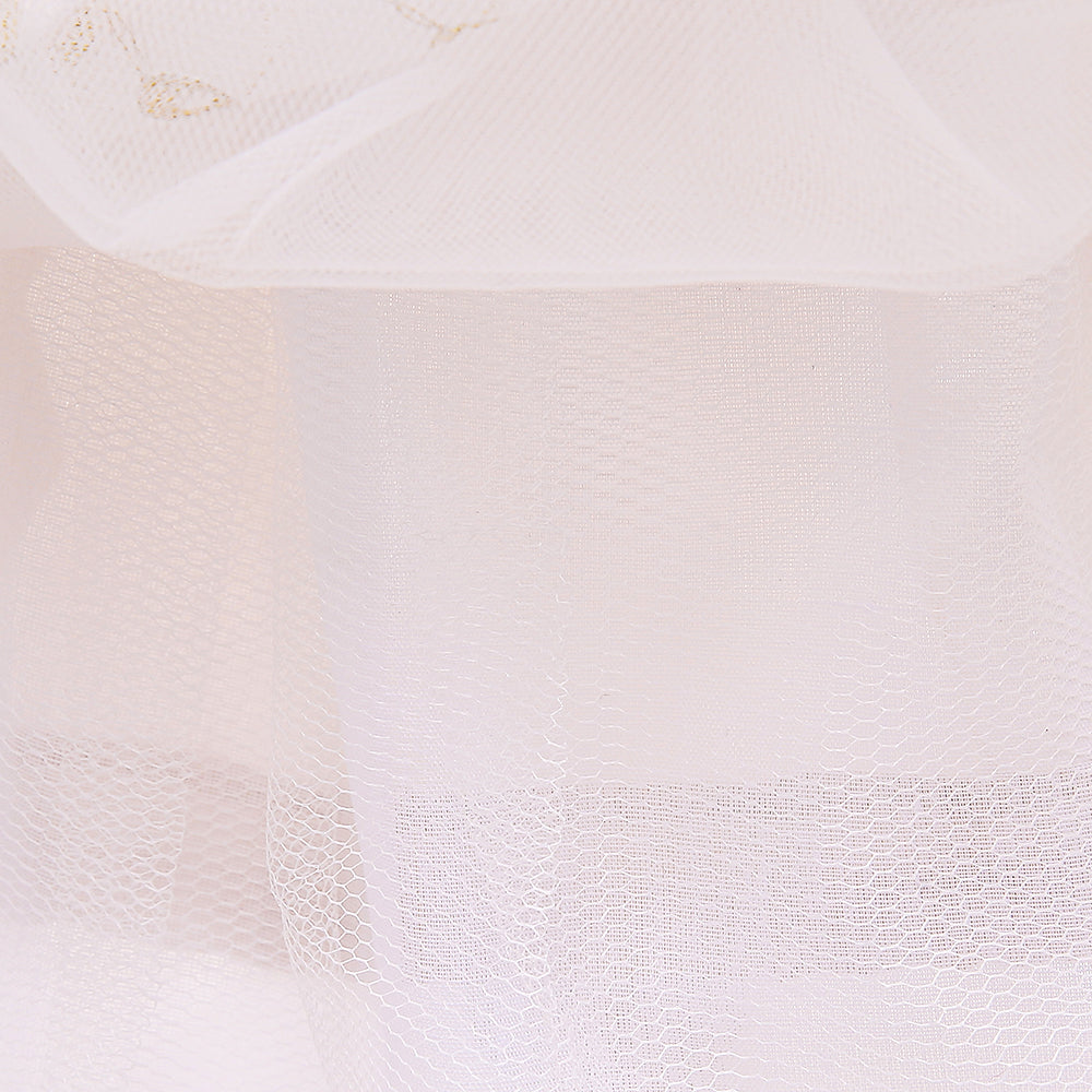 White & Beige Girls Geometric Self Design Flutter Sleeves Fit & Flare Dress