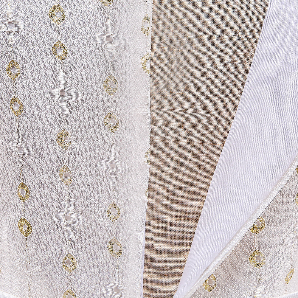White & Beige Girls Geometric Self Design Flutter Sleeves Fit & Flare Dress