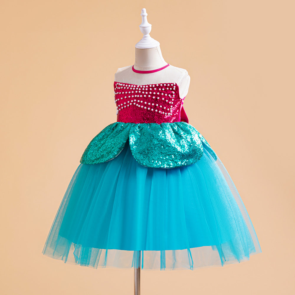 Girls Embellished Round Neck Ruffles A-Line Dress