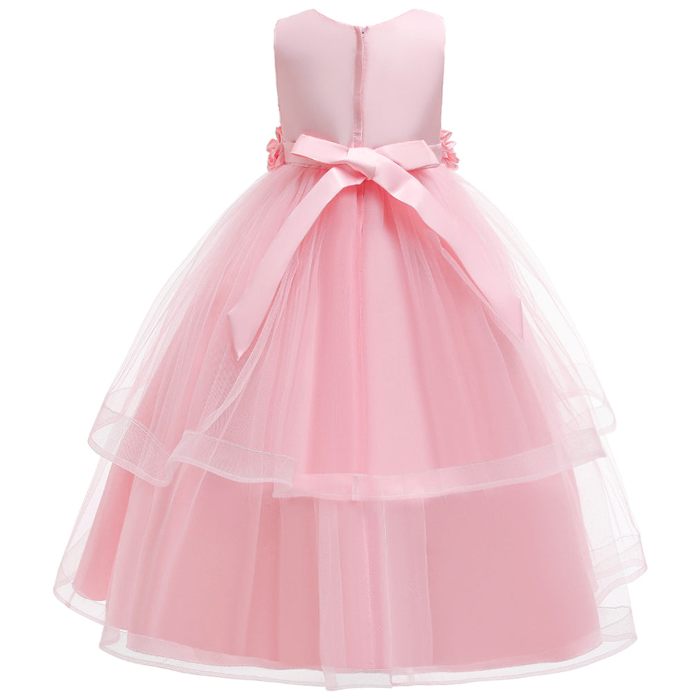 Pink Girls Ruffled Layered Sleeveless Maxi Dress