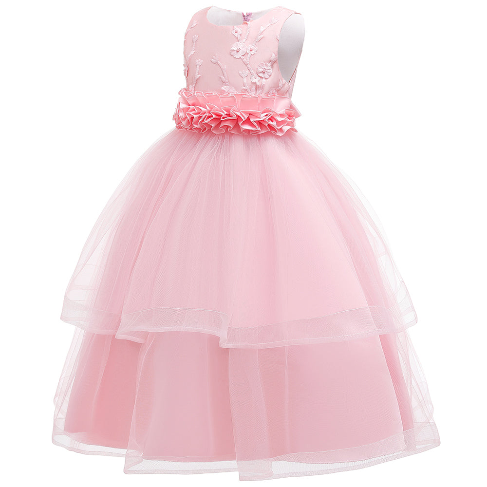 Pink Girls Ruffled Layered Sleeveless Maxi Dress