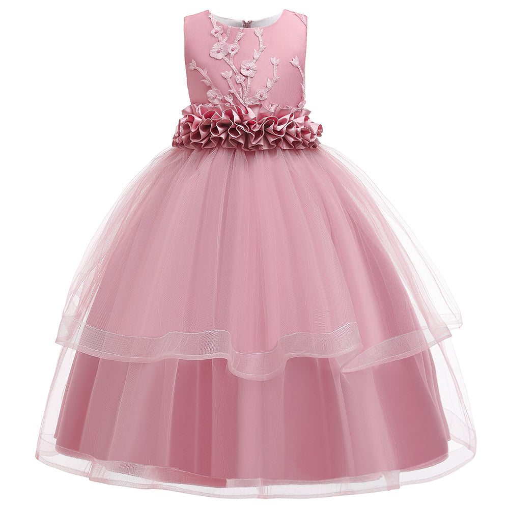 Girls Floral Embellished Ruffled Gown Dress