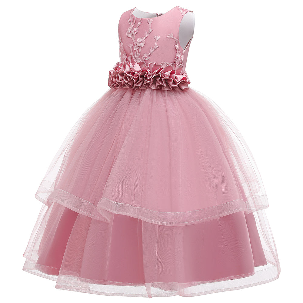 Girls Floral Embellished Ruffled Gown Dress
