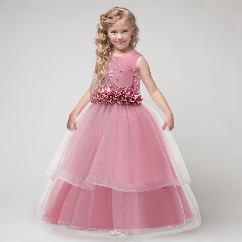 Girls Floral Embellished Ruffled Gown Dress
