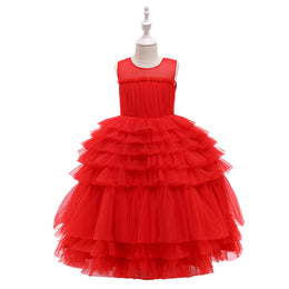 Girls Red Layered Detail Net Gown Dress