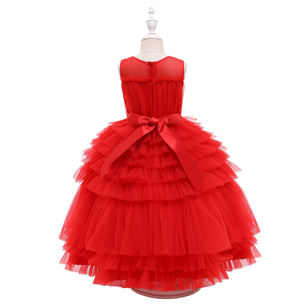 Girls Red Layered Detail Net Gown Dress