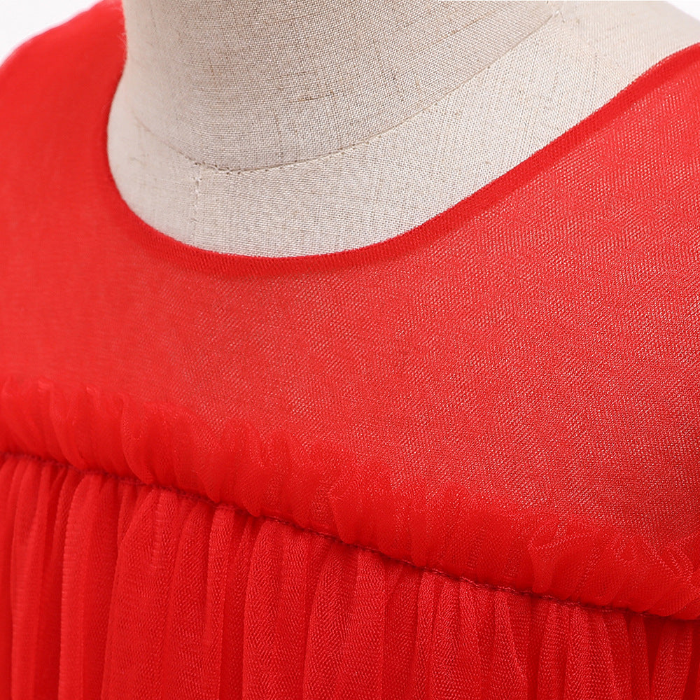 Girls Red Layered Detail Net Gown Dress