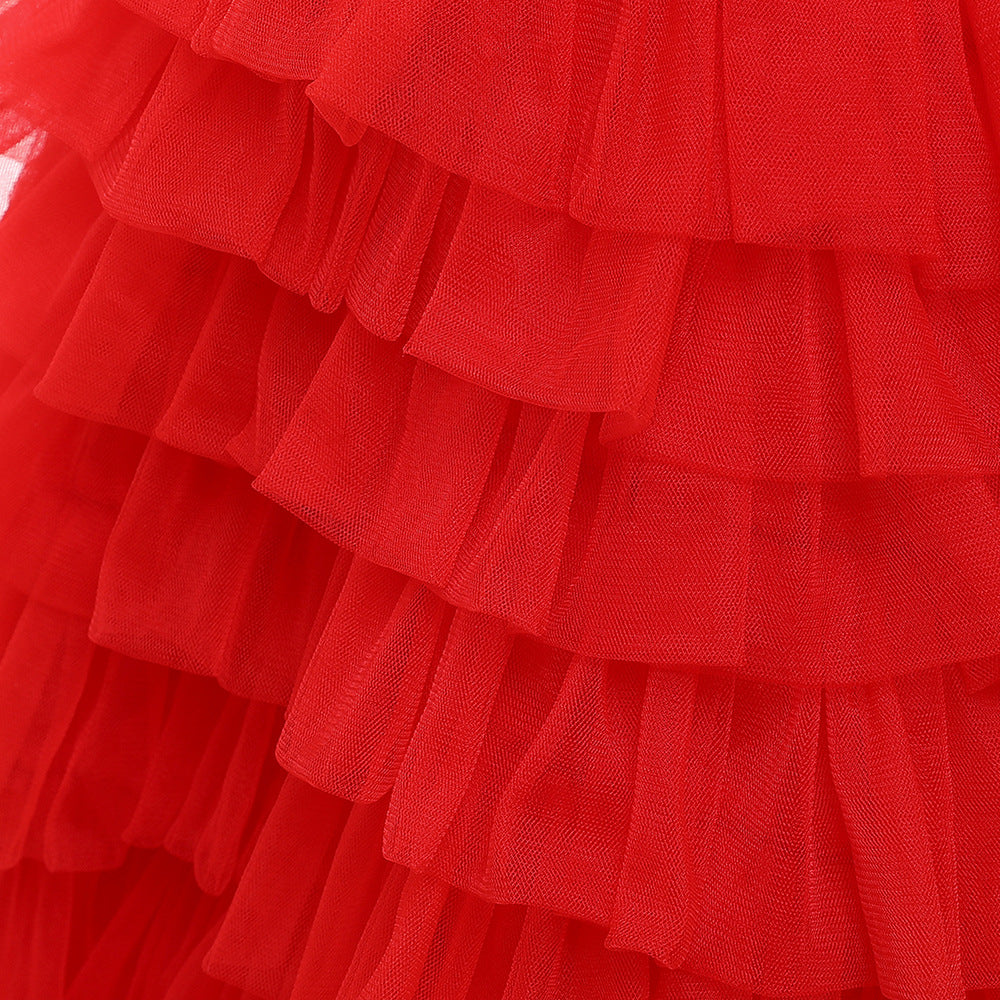 Girls Red Layered Detail Net Gown Dress