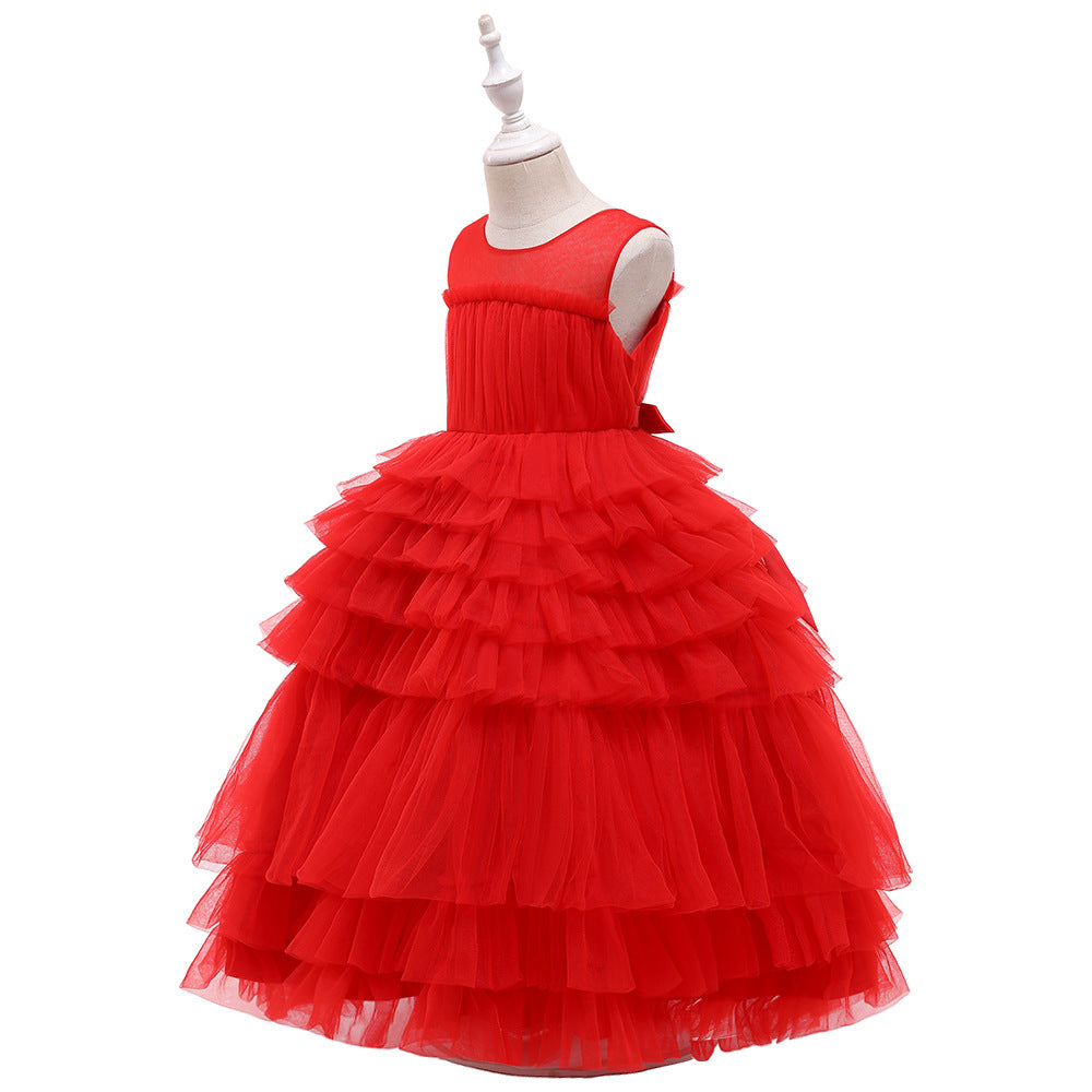 Girls Red Layered Detail Net Gown Dress