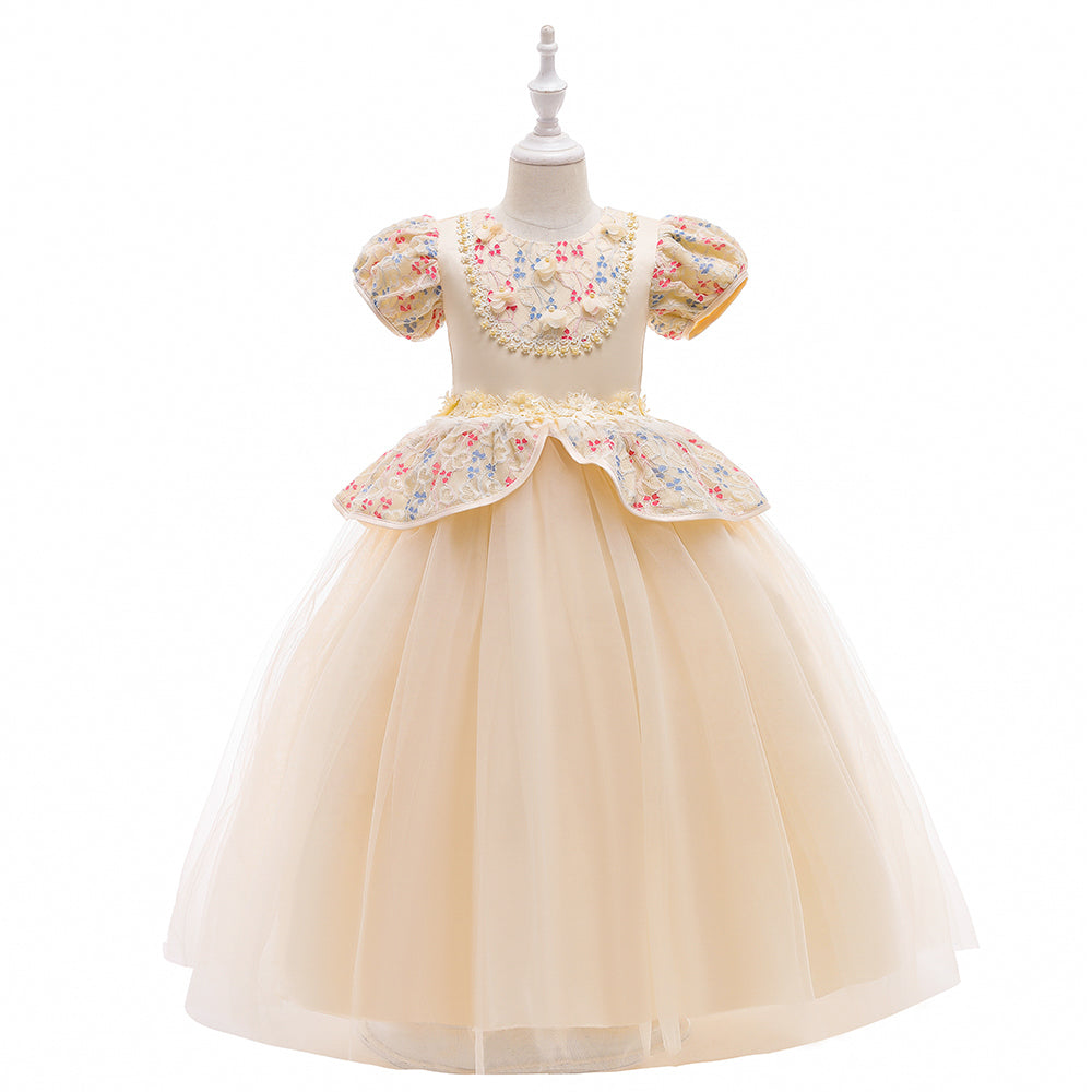 Girls Champagne & Blue Floral Self Design Lace Fit & Flare Maxi Dress
