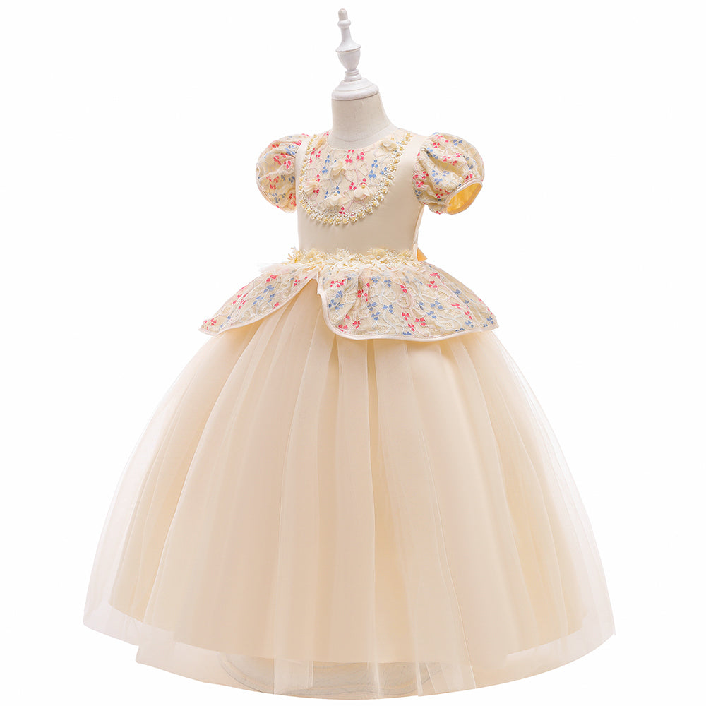 Girls Champagne & Blue Floral Self Design Lace Fit & Flare Maxi Dress