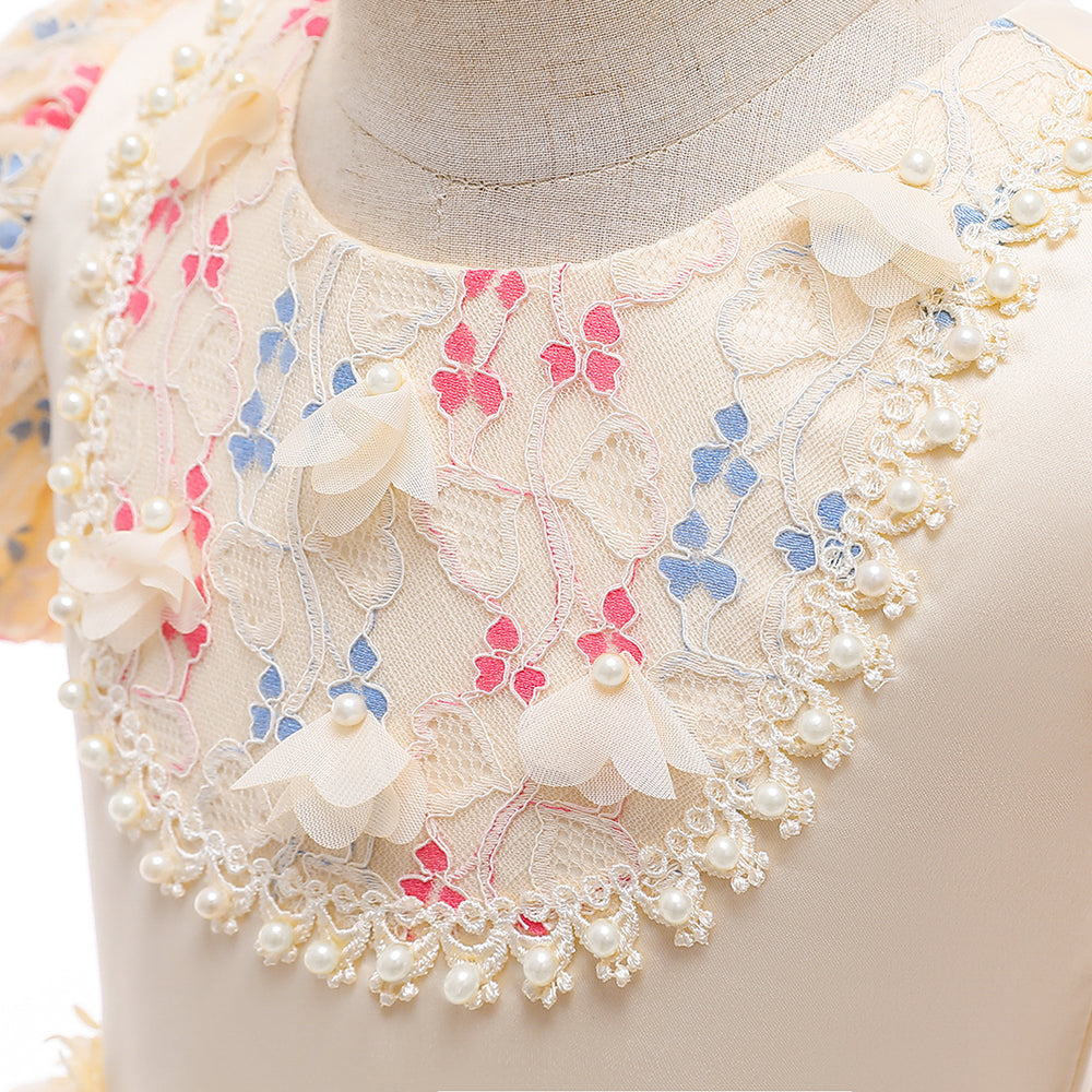 Girls Champagne & Blue Floral Self Design Lace Fit & Flare Maxi Dress