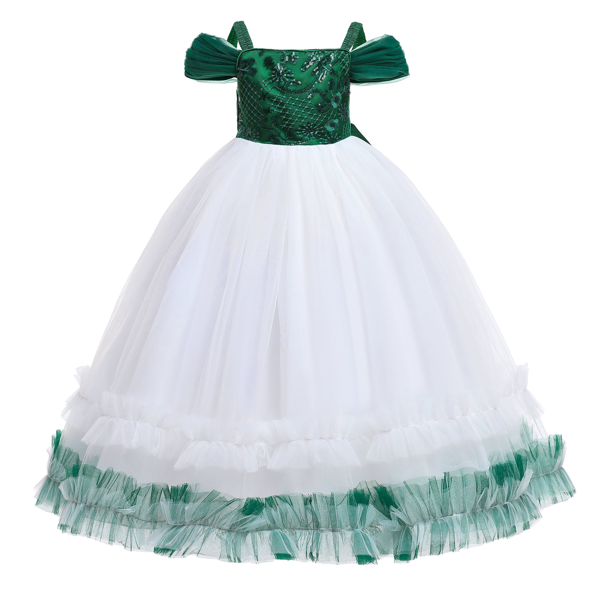 Girls Green & White Embroidered Sequinned Bow Gown Dress