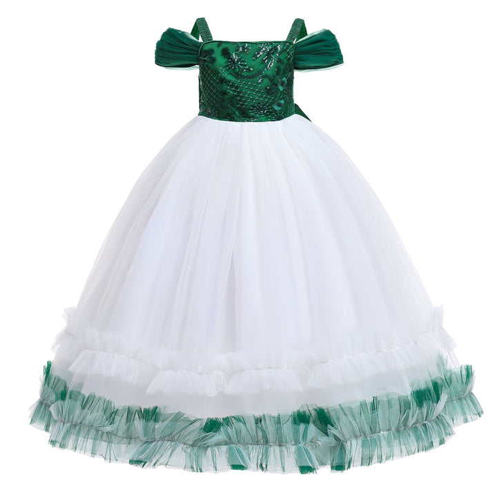 Girls Green & White Embroidered Sequinned Bow Gown Dress