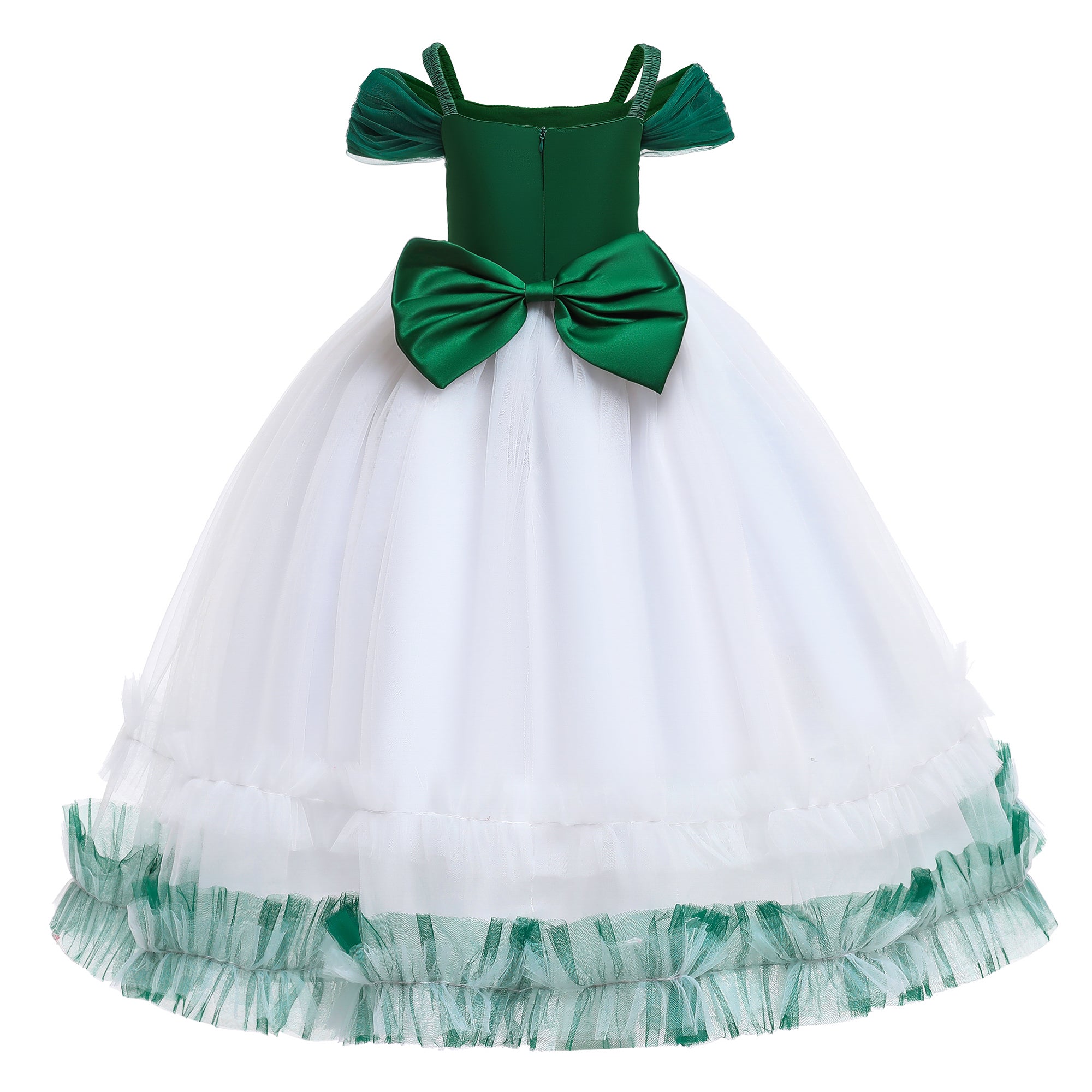 Girls Green & White Embroidered Sequinned Bow Gown Dress