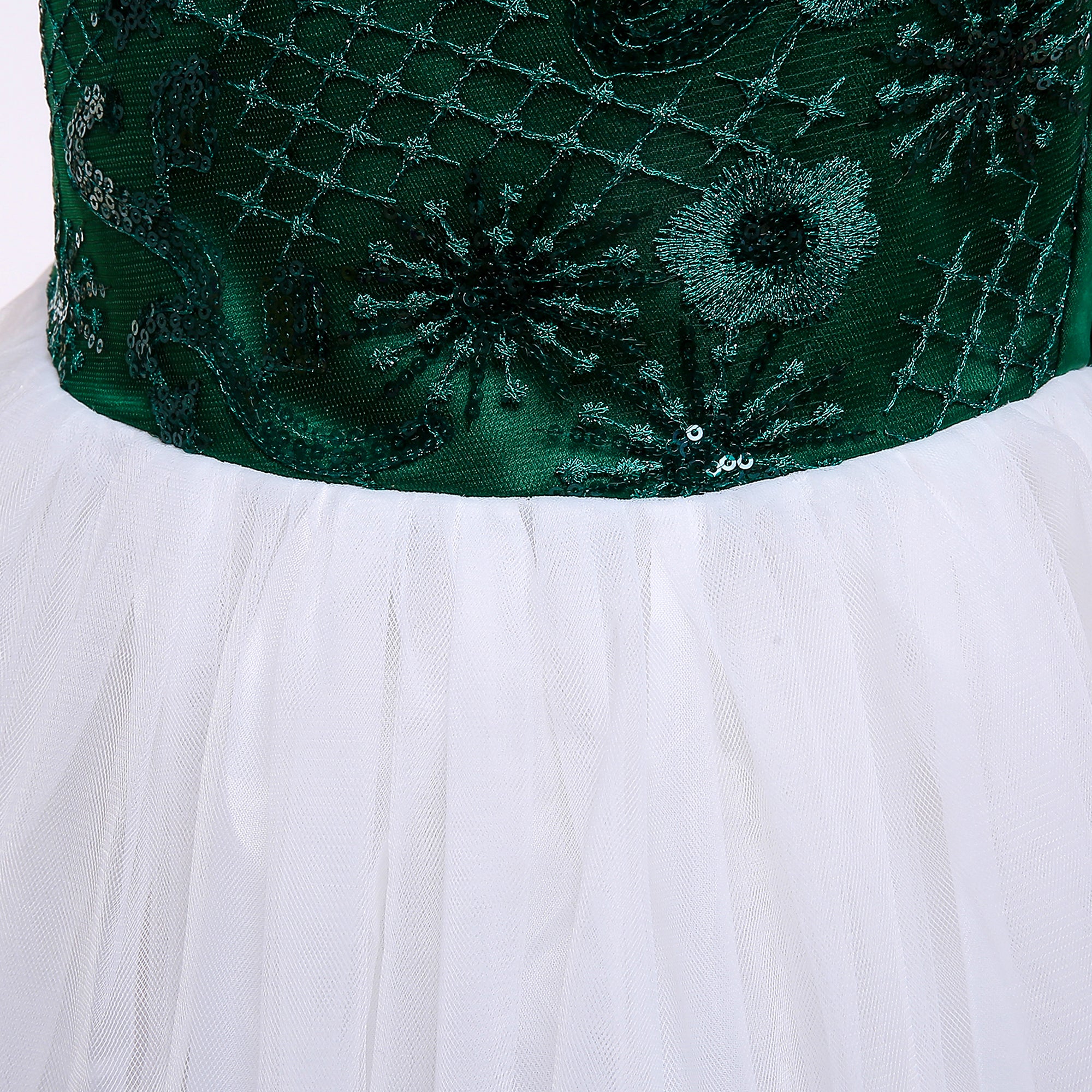 Girls Green & White Embroidered Sequinned Bow Gown Dress