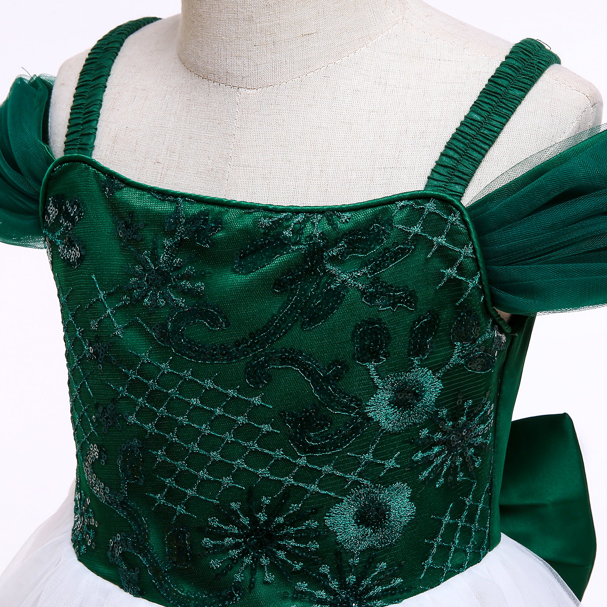 Girls Green & White Embroidered Sequinned Bow Gown Dress