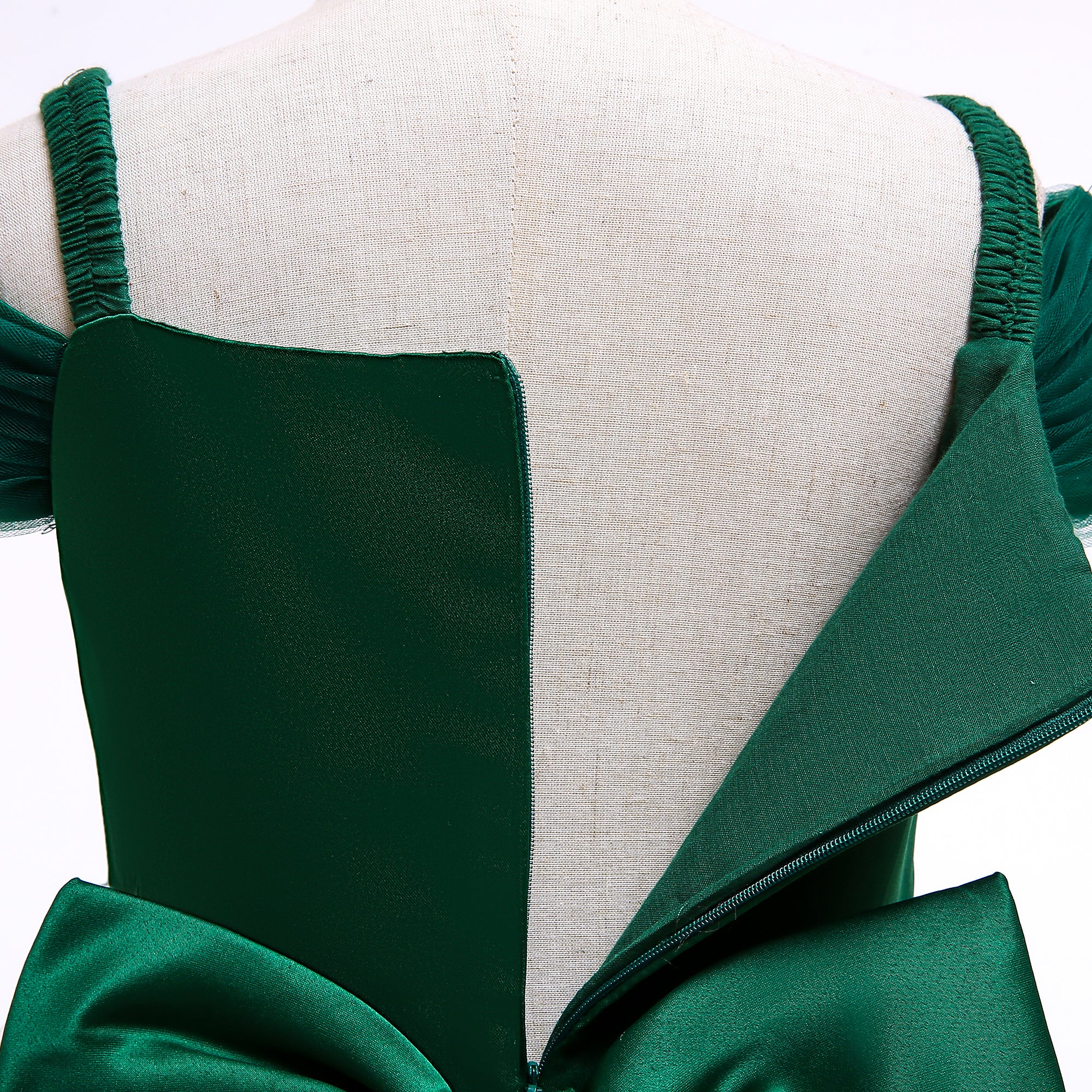 Girls Green & White Embroidered Sequinned Bow Gown Dress