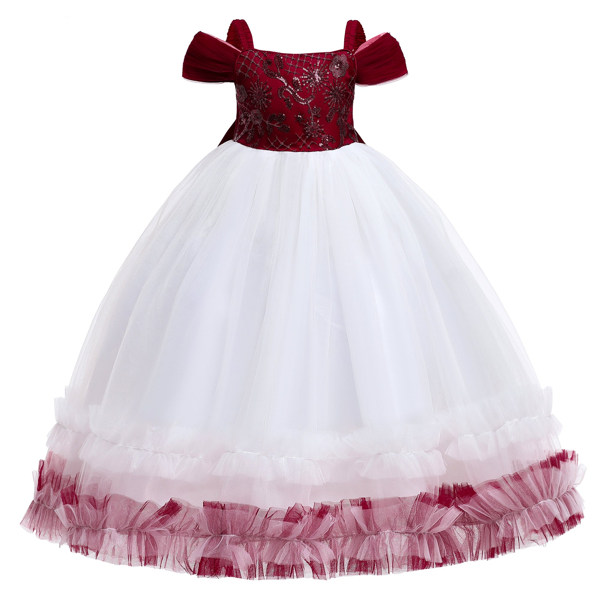 Girls Maroon & White Embellished Shoulder Straps Maxi Gown Dress