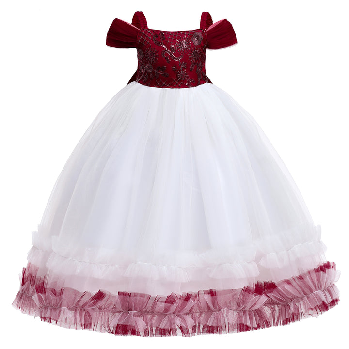 Girls Maroon & White Embellished Shoulder Straps Maxi Gown Dress