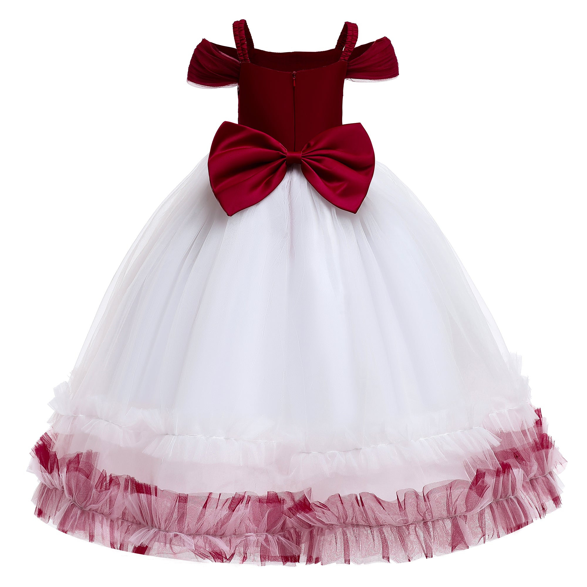 Girls Maroon & White Embellished Shoulder Straps Maxi Gown Dress