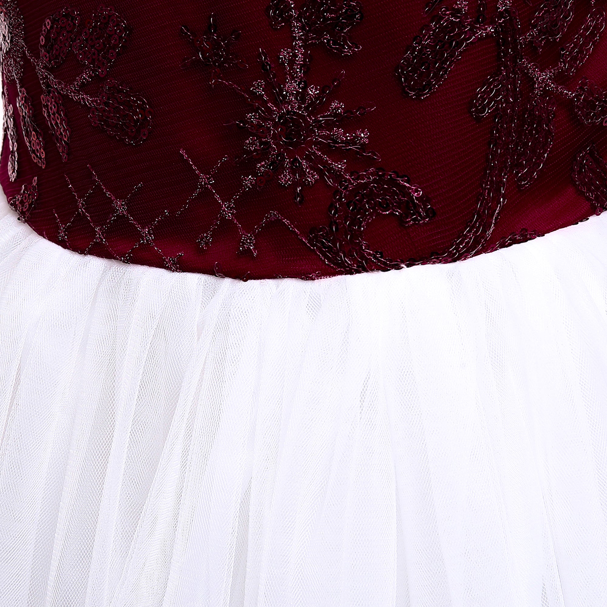 Girls Maroon & White Embellished Shoulder Straps Maxi Gown Dress