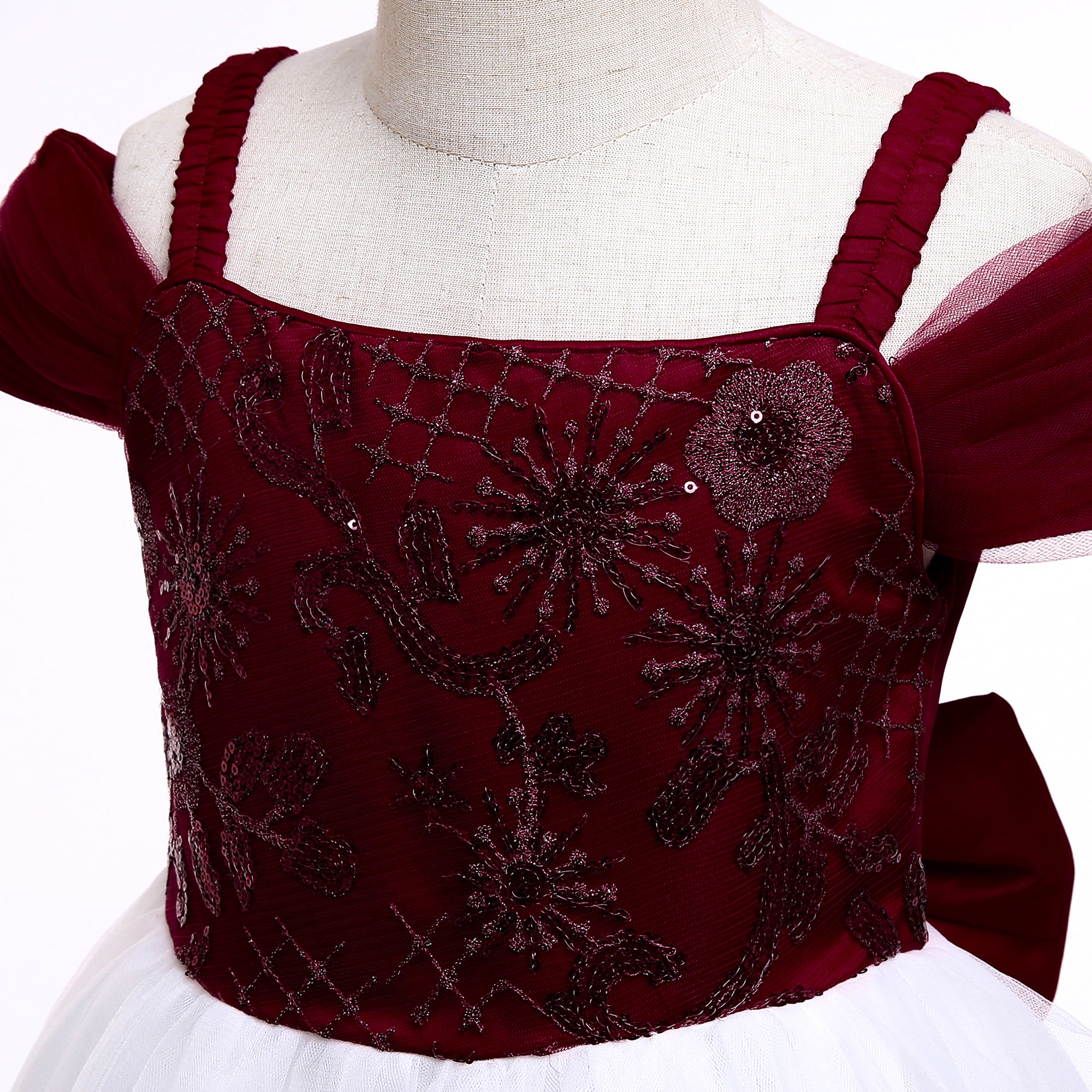 Girls Maroon & White Embellished Shoulder Straps Maxi Gown Dress