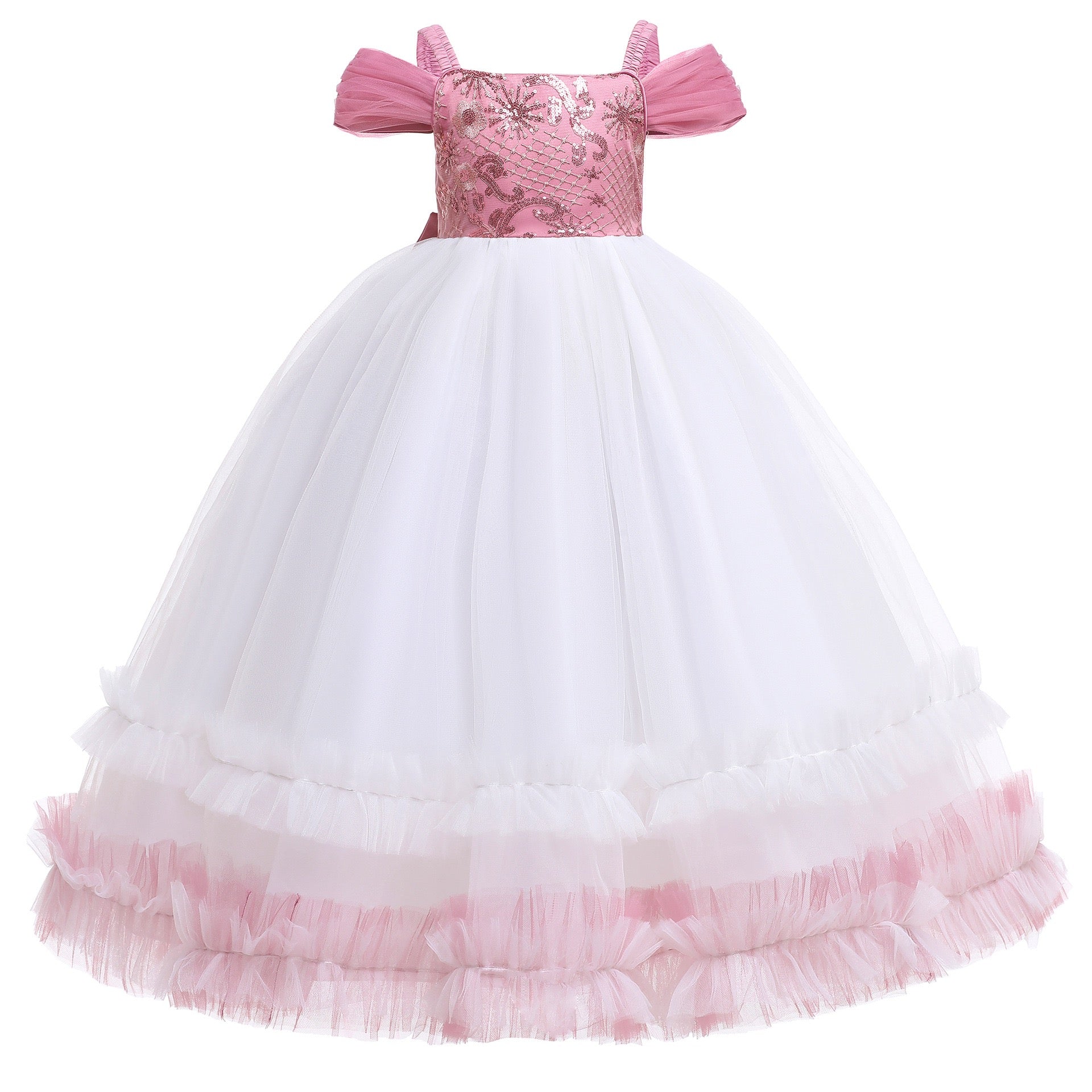 Girls Pink Floral Embellished Gathered Detailed Maxi Dress