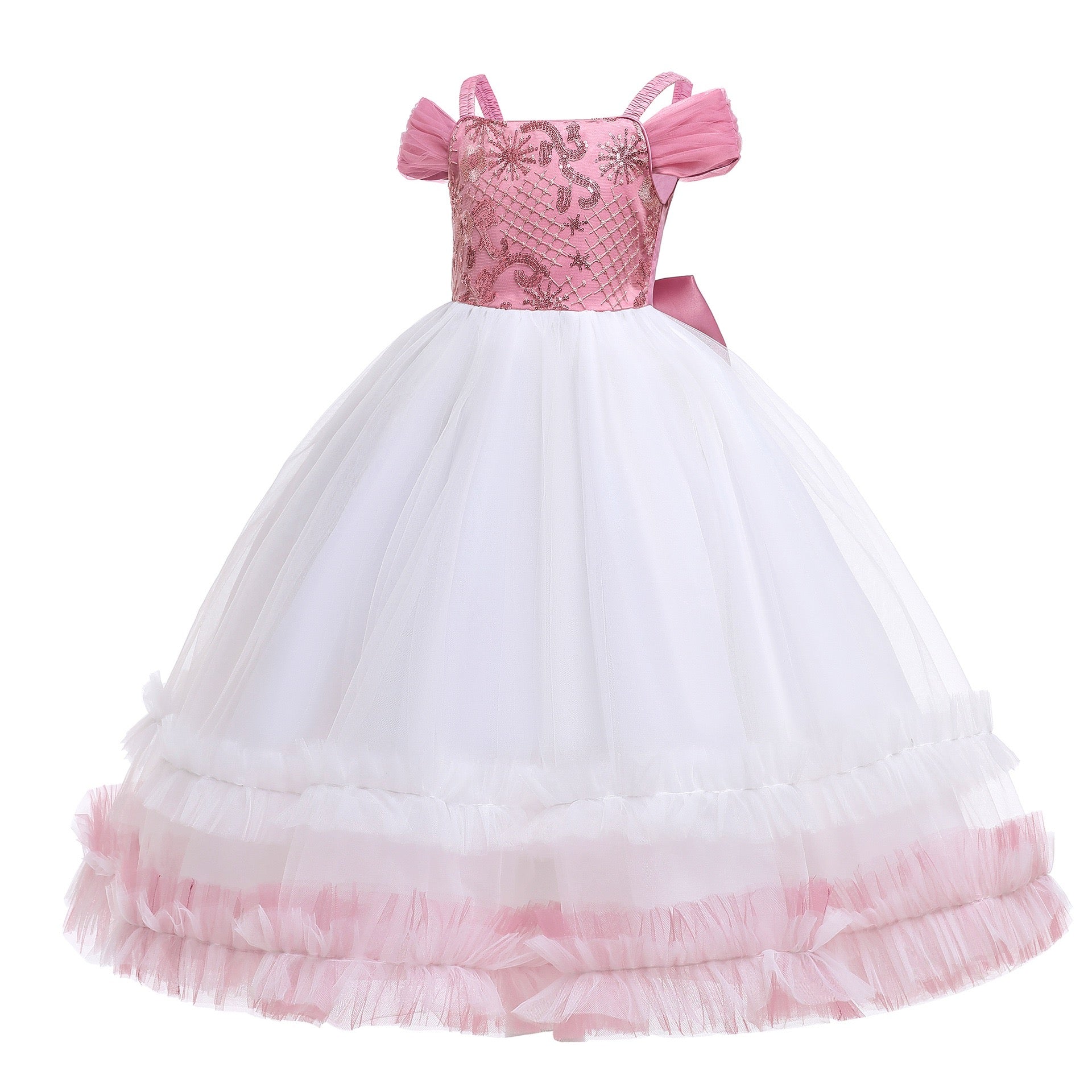 Girls Pink Floral Embellished Gathered Detailed Maxi Dress