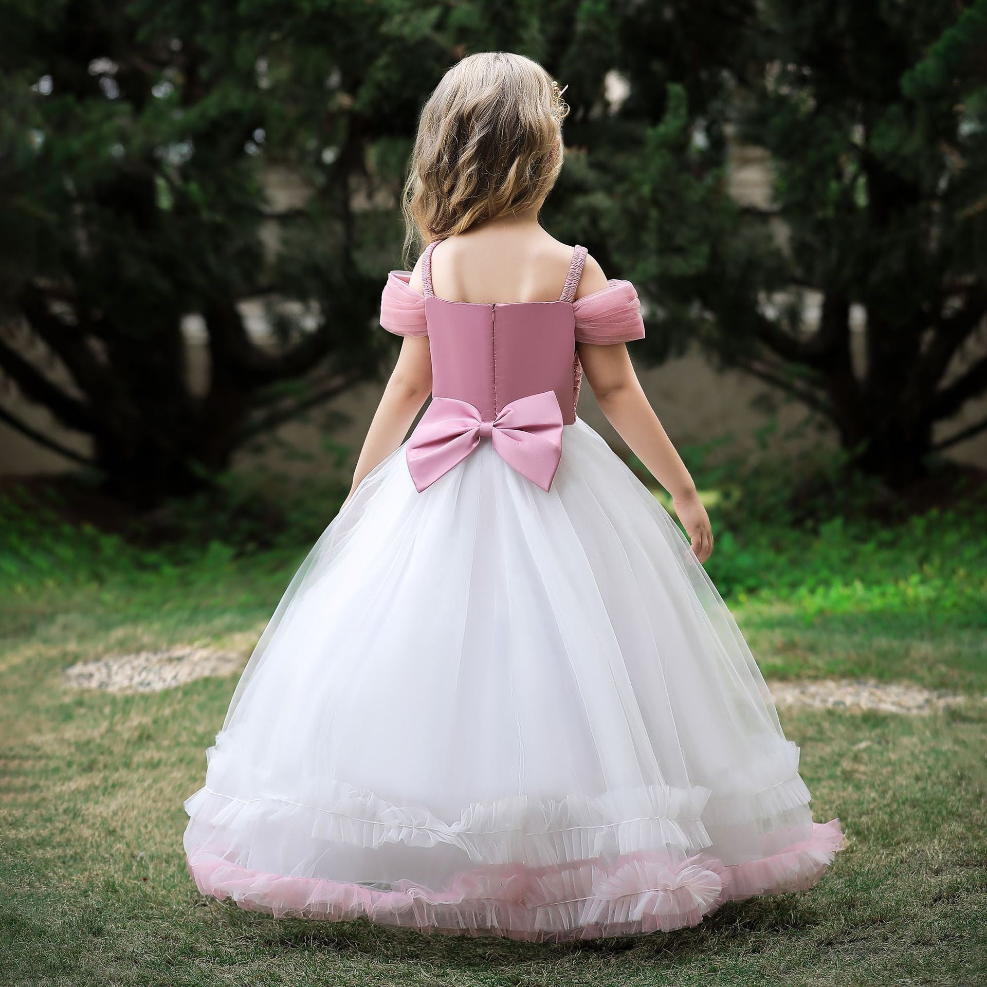 Girls Pink Floral Embellished Gathered Detailed Maxi Dress