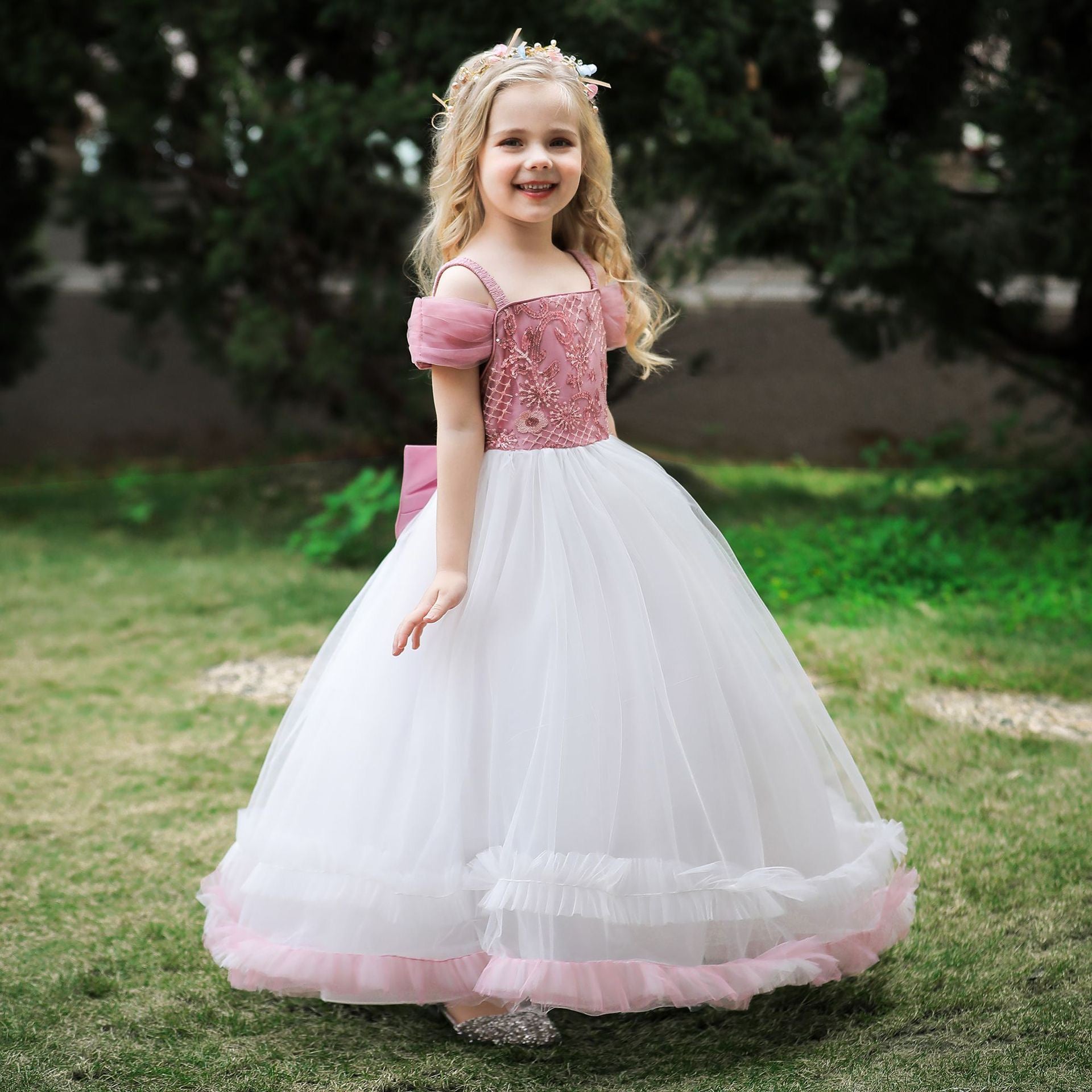 Girls Pink Floral Embellished Gathered Detailed Maxi Dress