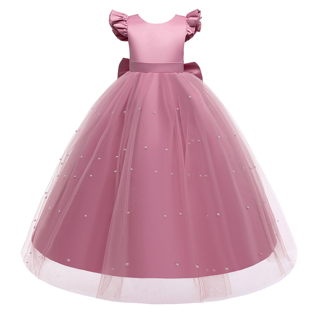 Girls Pink Round neck Short Sleeves Embellished Maxi Dress