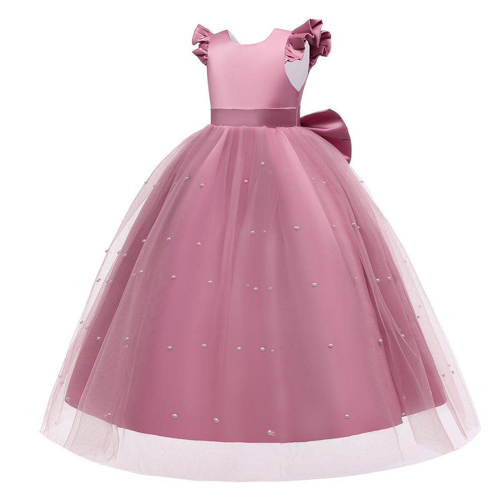 Girls Pink Round neck Short Sleeves Embellished Maxi Dress