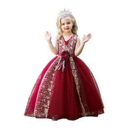 Girls Maroon Floral Embroidered Layered Maxi Gown Dress