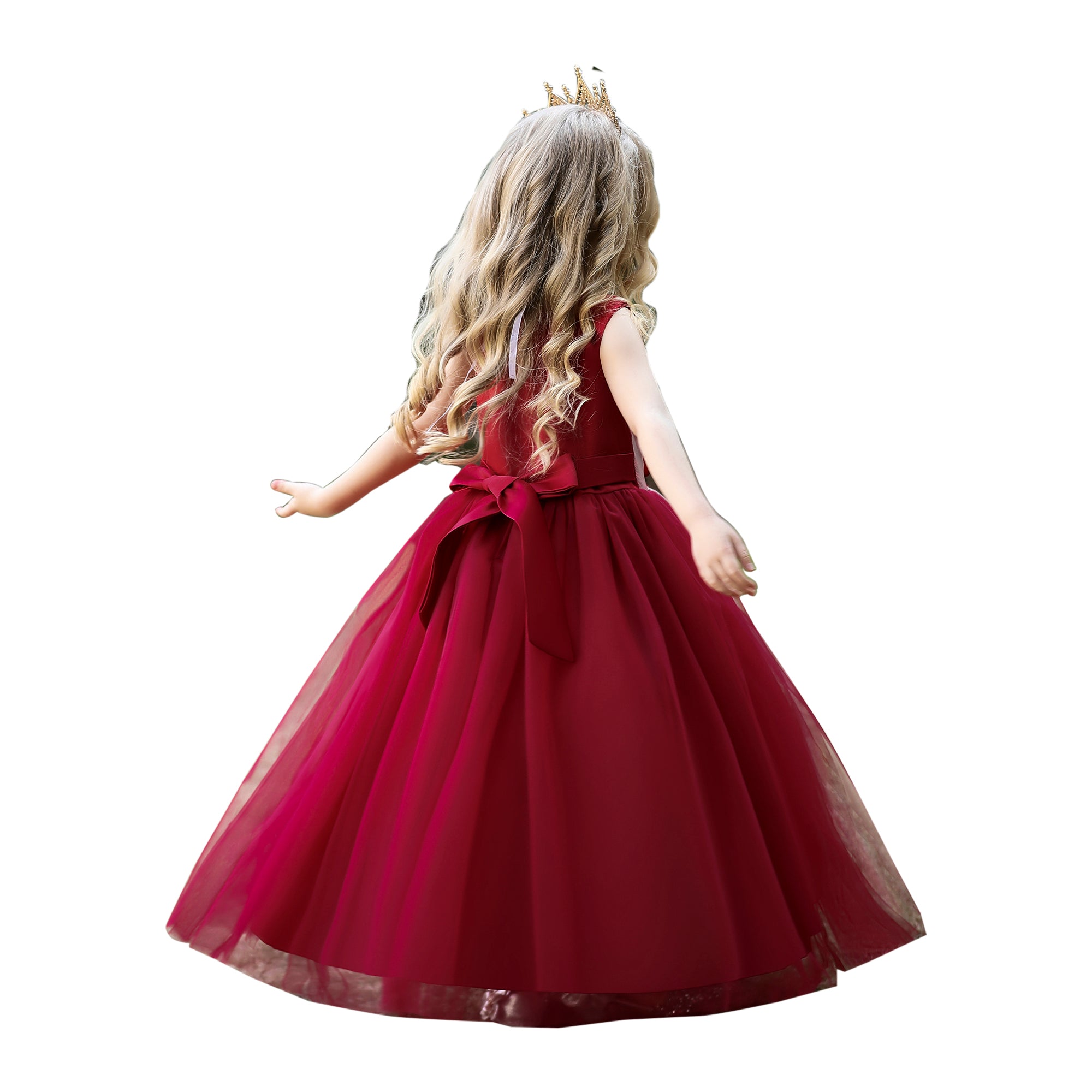 Girls Maroon Floral Embroidered Layered Maxi Gown Dress