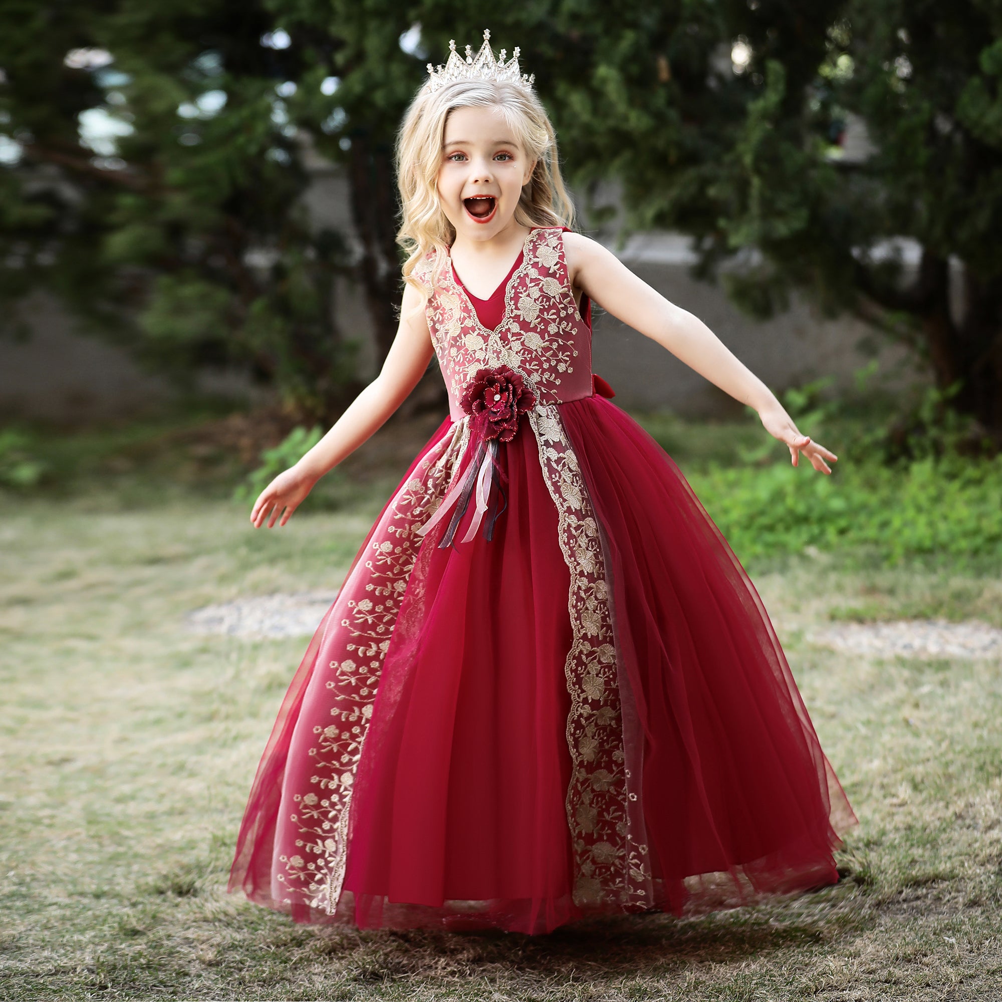 Girls Maroon Floral Embroidered Layered Maxi Gown Dress