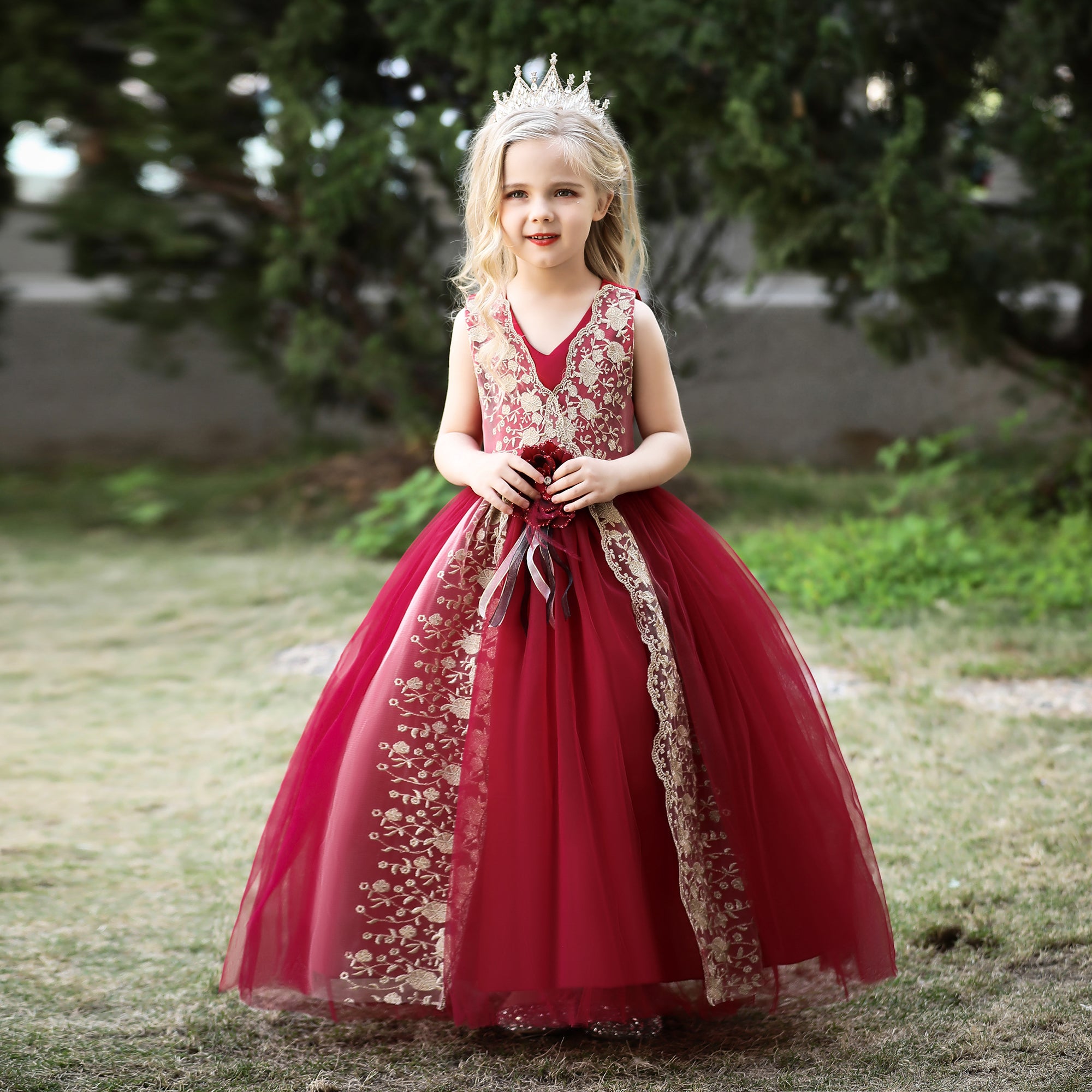 Girls Maroon Floral Embroidered Layered Maxi Gown Dress