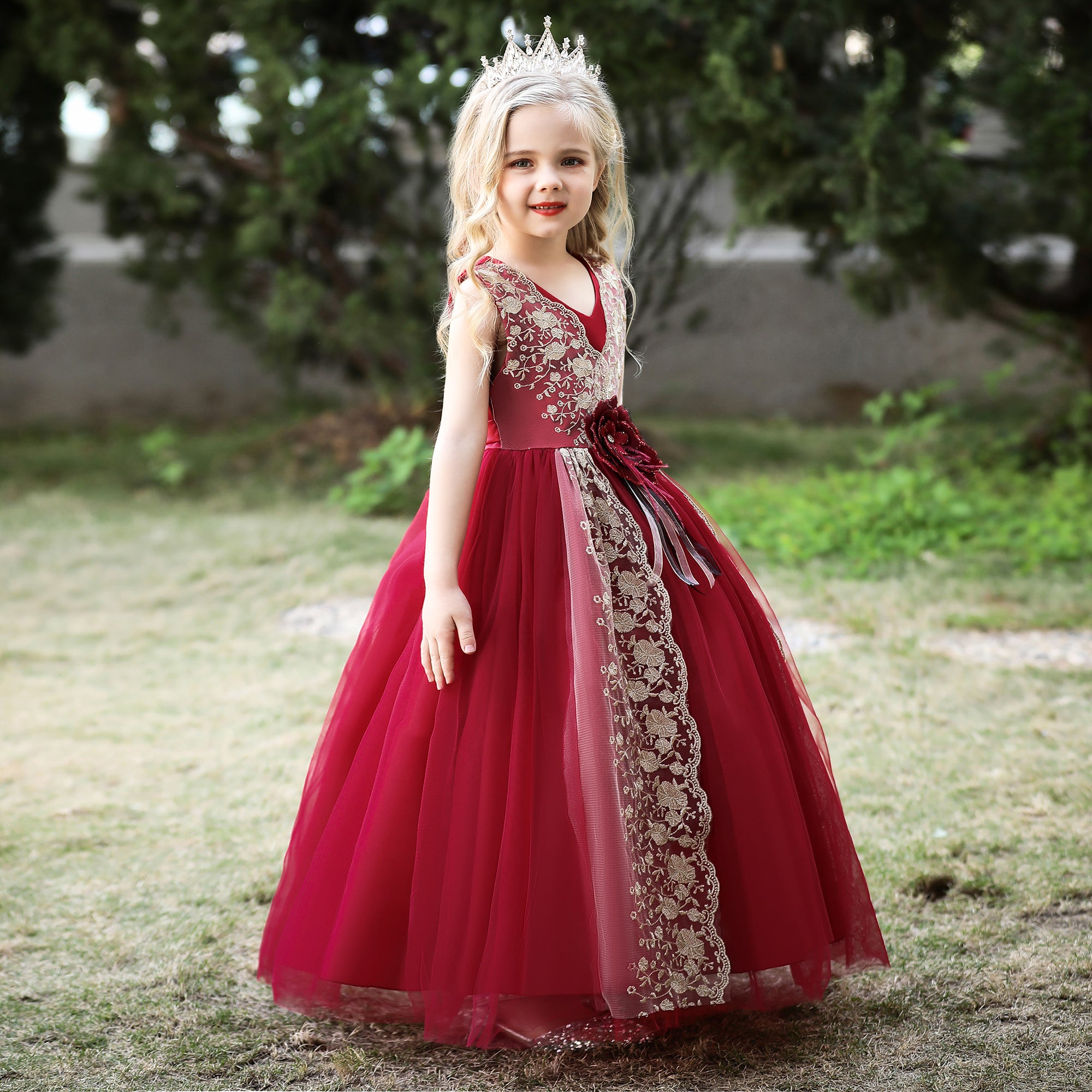 Girls Maroon Floral Embroidered Layered Maxi Gown Dress