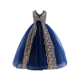 Girls Navy Blue Floral Self Design Maxi Dress