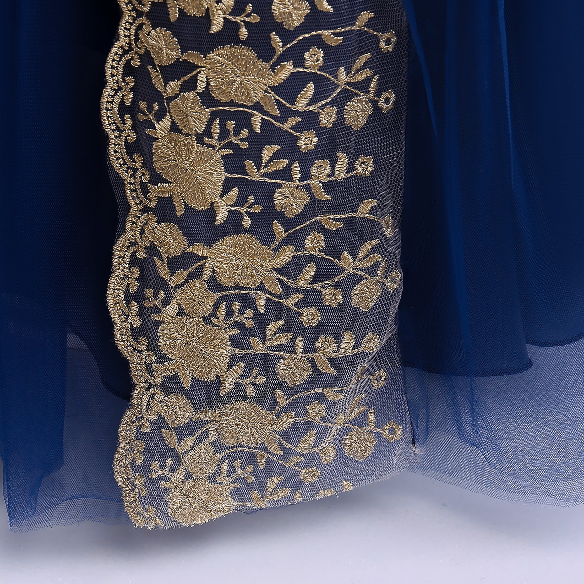 Girls Navy Blue Floral Self Design Maxi Dress