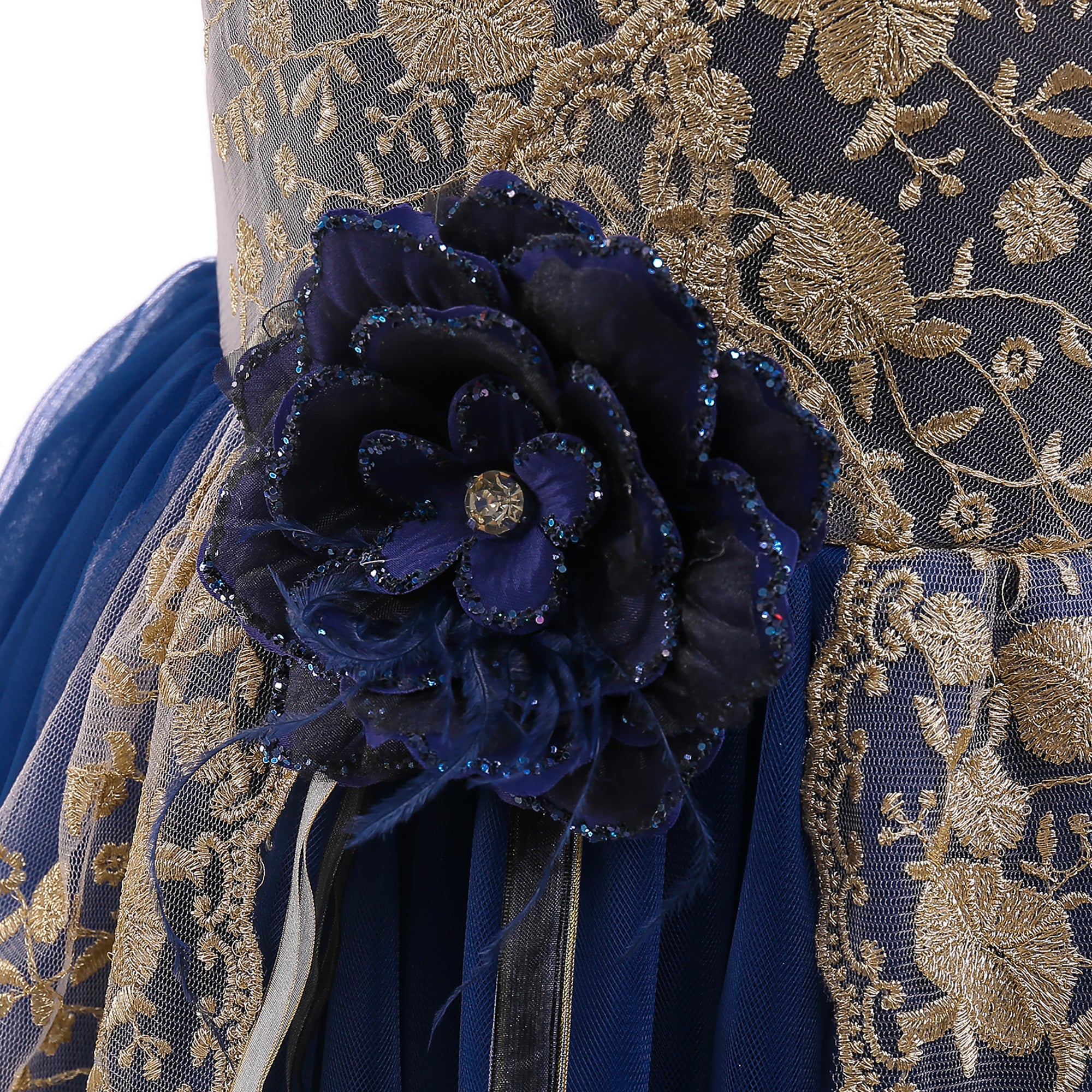 Girls Navy Blue Floral Self Design Maxi Dress
