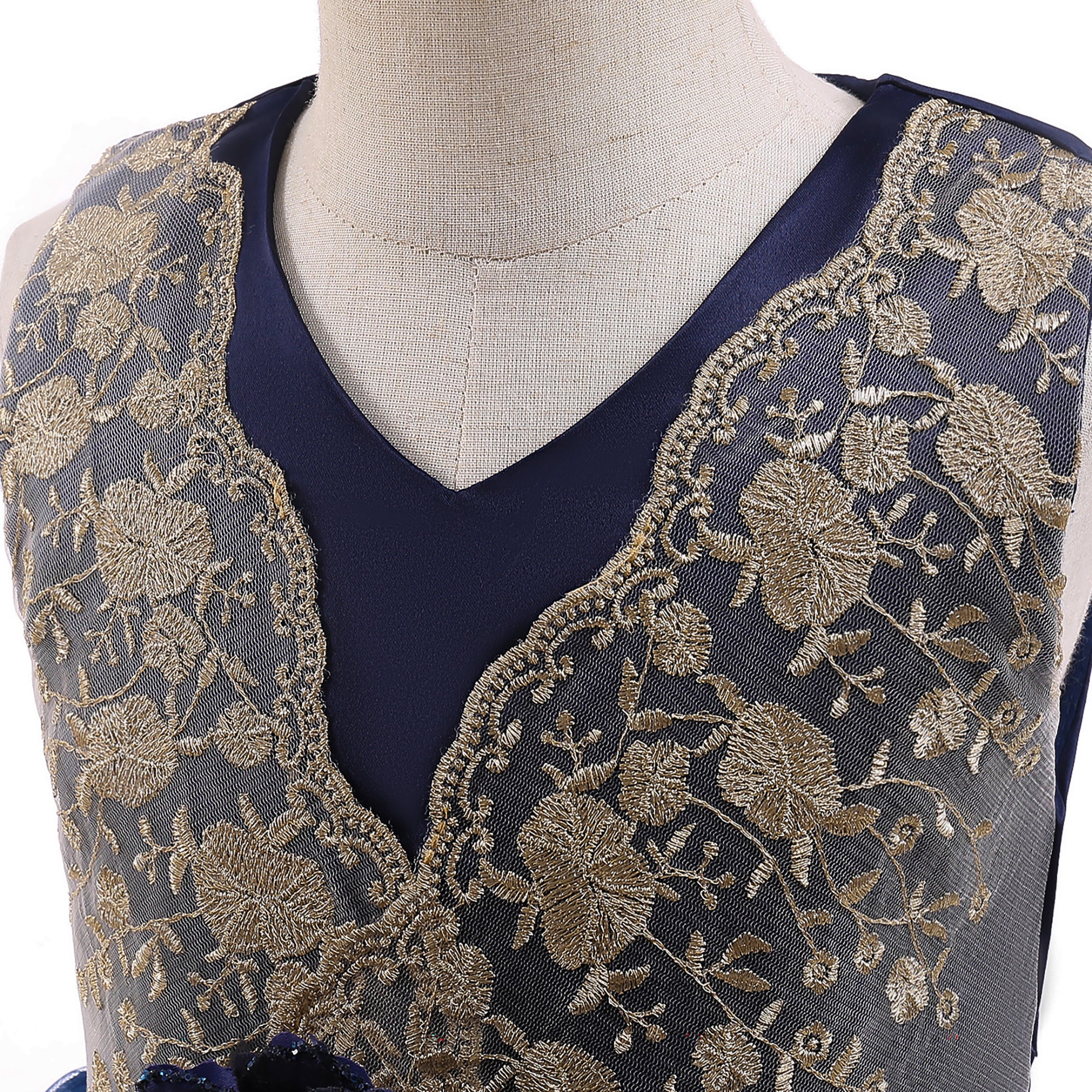 Girls Navy Blue Floral Self Design Maxi Dress