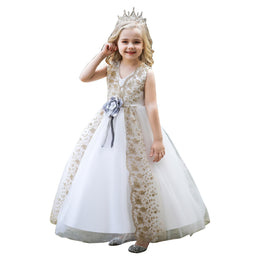 Girls Floral Embroidered V-Neck Bow Detail Maxi Gown Dress