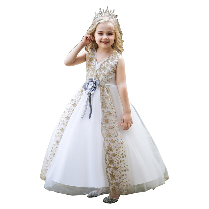 Girls Floral Embroidered V-Neck Bow Detail Maxi Gown Dress